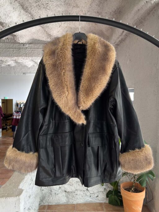Royal Fur Leather Oversized Jacket με Γούνινο Γιακά